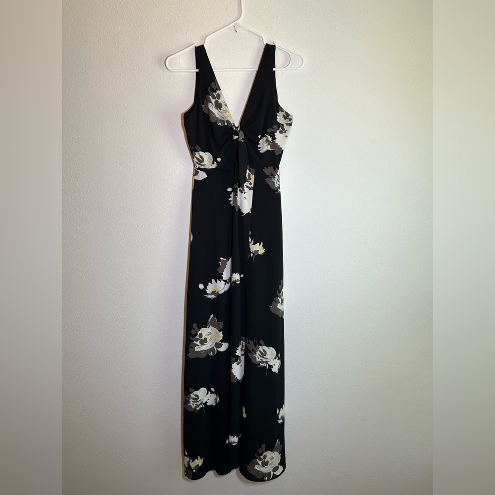Candie's Black Floral Maxi Dress Sz S Keyhole Tie Front Chiffon Sleeveless Boho
